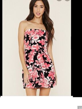 Forever 21 Black Strapless Dress with Pink Floral Print NWOT
